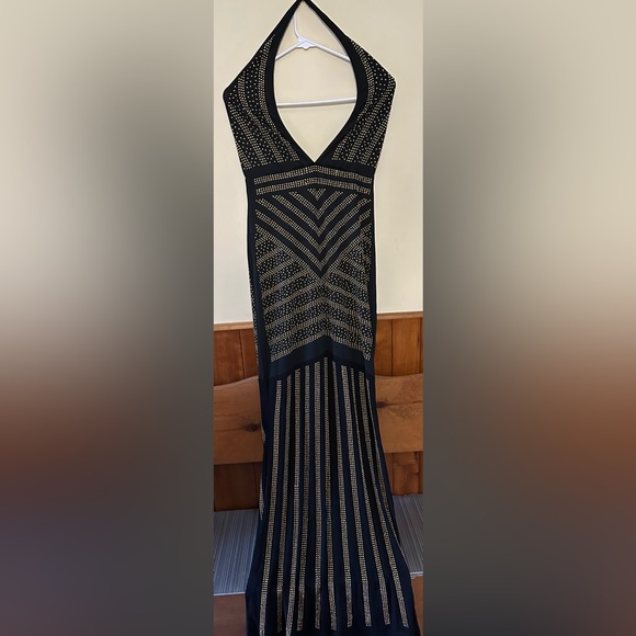 NO BRAND SHOWN, size XL, navy blue with gold studs, halter, maxi dress. - Picture 2 of 7